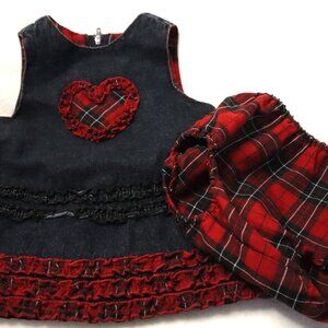 VTG Children's Place 0-3 Months Denim Jumper Red Plaid Valentines Reversible